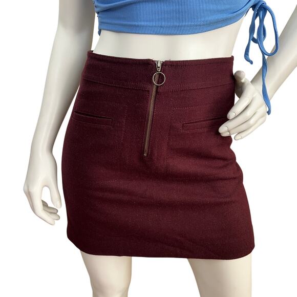 Madewell Fireside Wool Blend Mini Burgundy 2 Front Pockets Skirt Size 2 - Picture 1 of 10